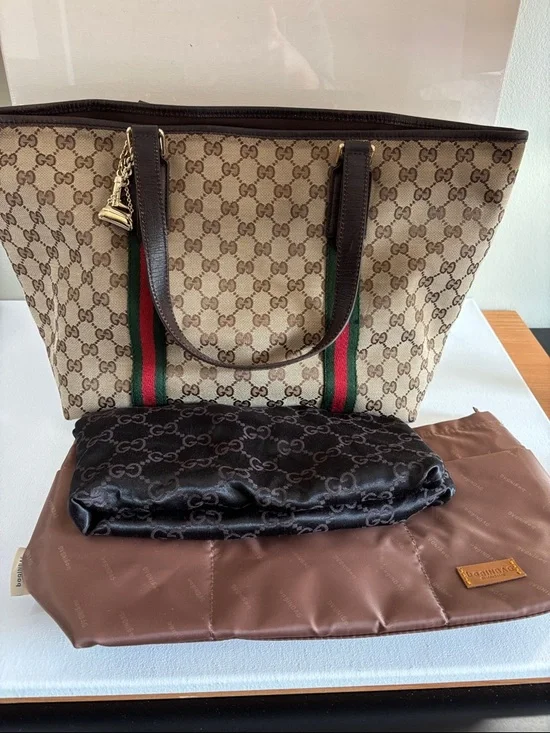 Gucci Beige GG Canvas Tote with Green and Red Web Stripe and Dark Brown Trim - Picture 5 of 12